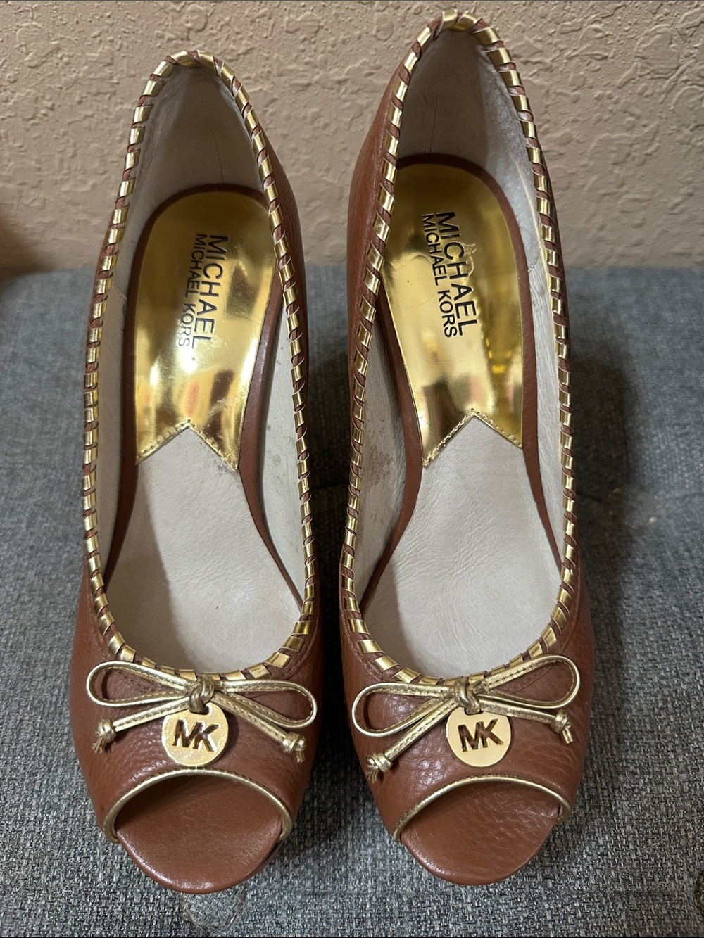Michael Kors Brown Leather Peep-Toe Heels with Gold Accents